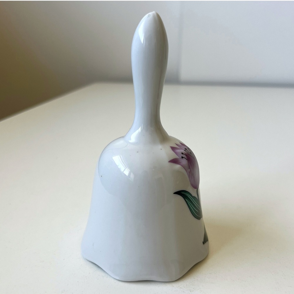 Vintage Taiwan Porcelain Bell Purple Tulip Floral Ceramic Hand Bell - Picture 5 of 14
